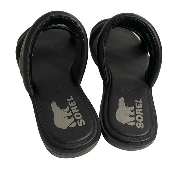 SOREL Ella II Puff Slide Sandal Black Leather US 9 Summer Strappy - Picture 3 of 9